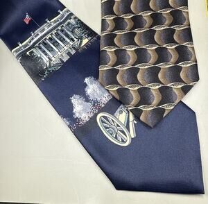 2 Navy Blue Brown Mens NeckTie Novelty USA Patriotic John Clarendon Rene Chagal